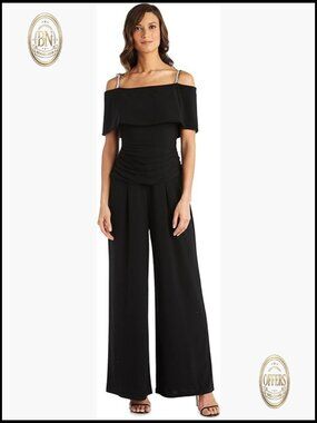 Elegant Off-the-Shoulder Ruched Jumpsuit with Rhinestone Straps